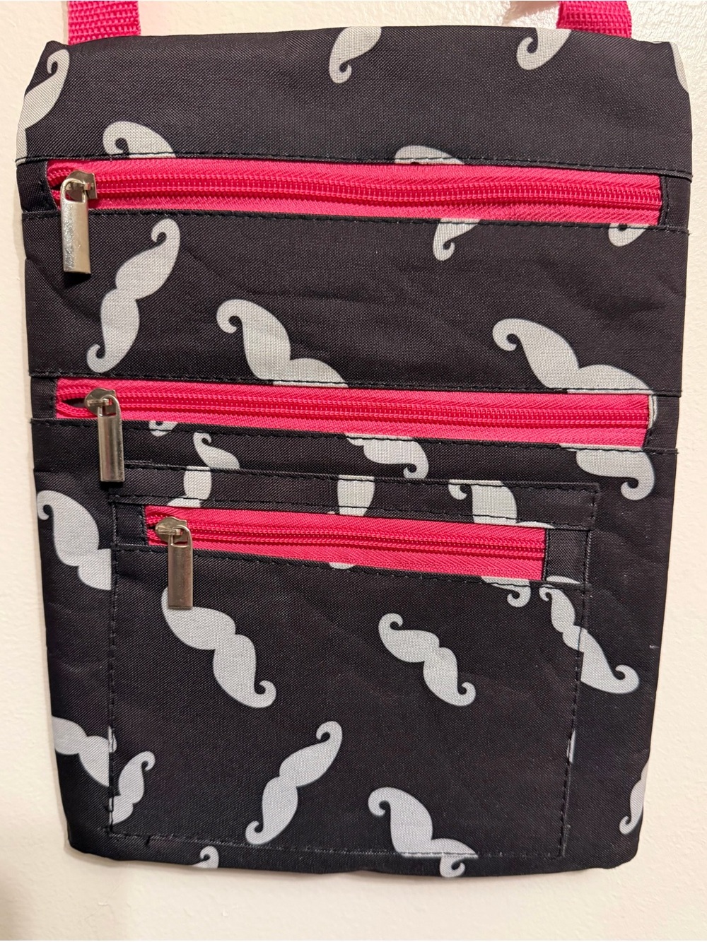 Black Mustache Print Crossbody Bag with Pink Zippers